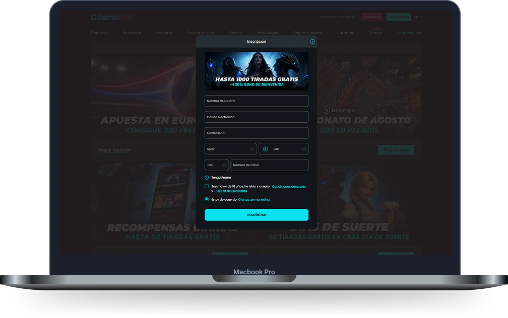 Cosmobet Casino formulario de registro y bono de bienvenida
